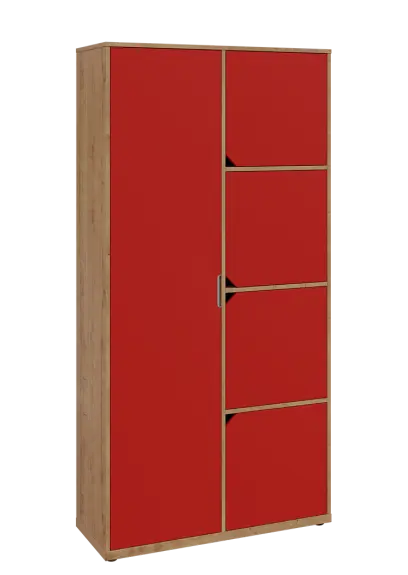 KSR6-82 L skříň šatní, 1x výsuvné ramínko, 4x dvířka, 2053x1022x400 mm, provedení levé, dub lite/červená